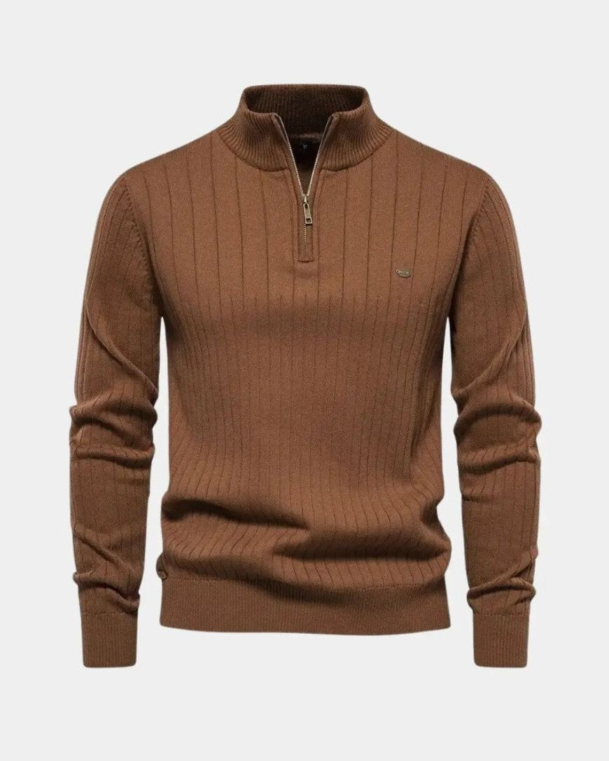 Olaf | Brauner gerippter Troyer-Pullover