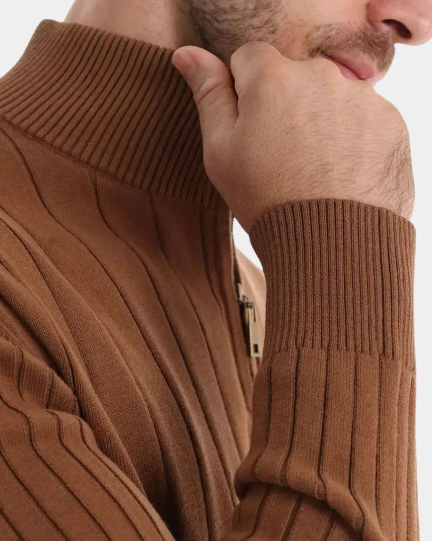 Olaf | Brauner gerippter Troyer-Pullover