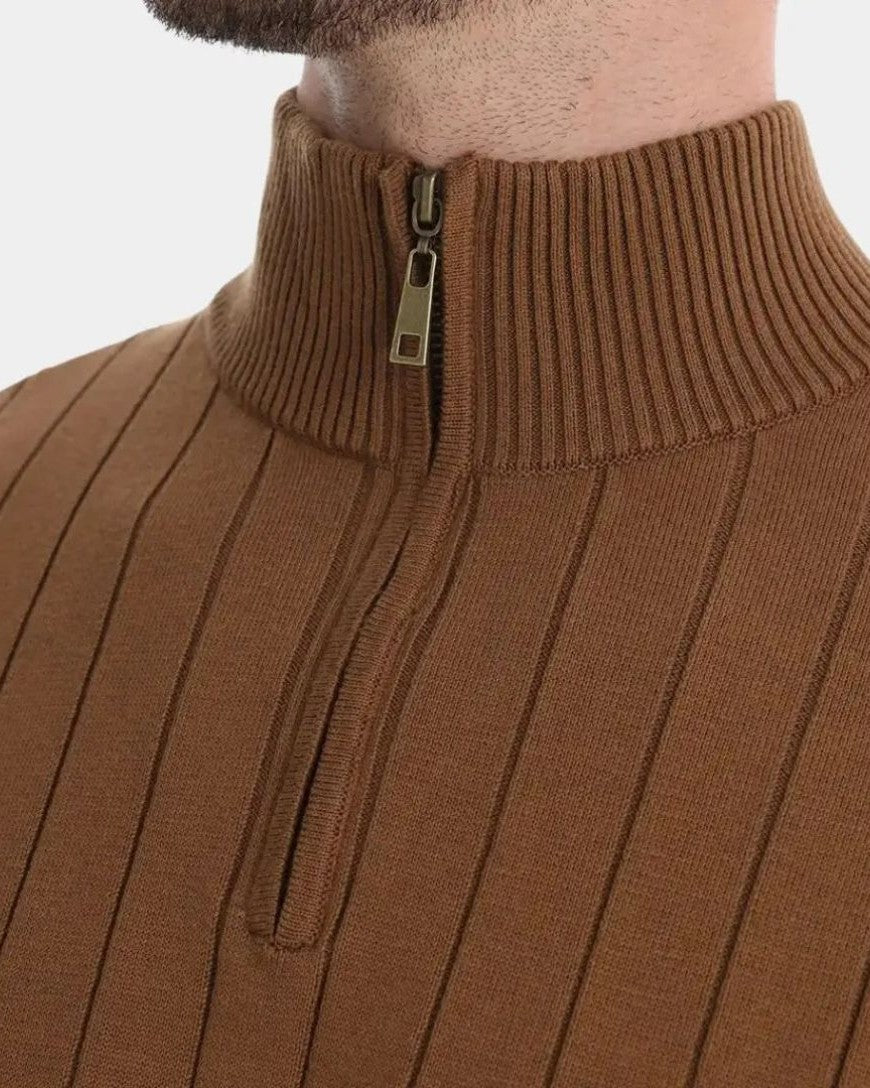Olaf | Brauner gerippter Troyer-Pullover