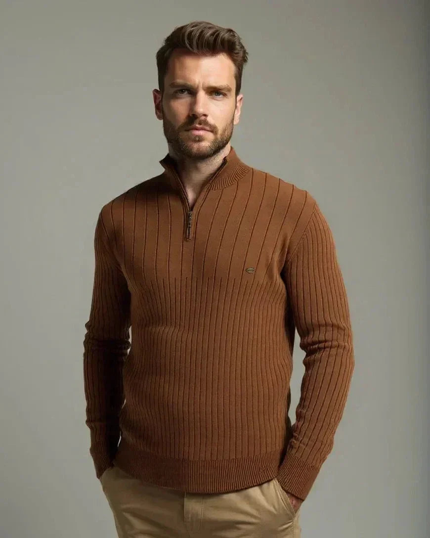 Olaf | Brauner gerippter Troyer-Pullover