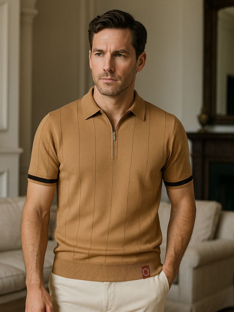 Olaf | Camelbraunes Strick-Poloshirt mit Reißverschlusskragen
