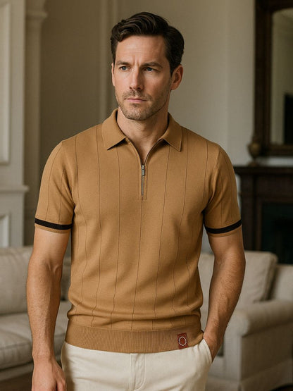 Olaf | Camelbraunes Strick-Poloshirt mit Reißverschlusskragen