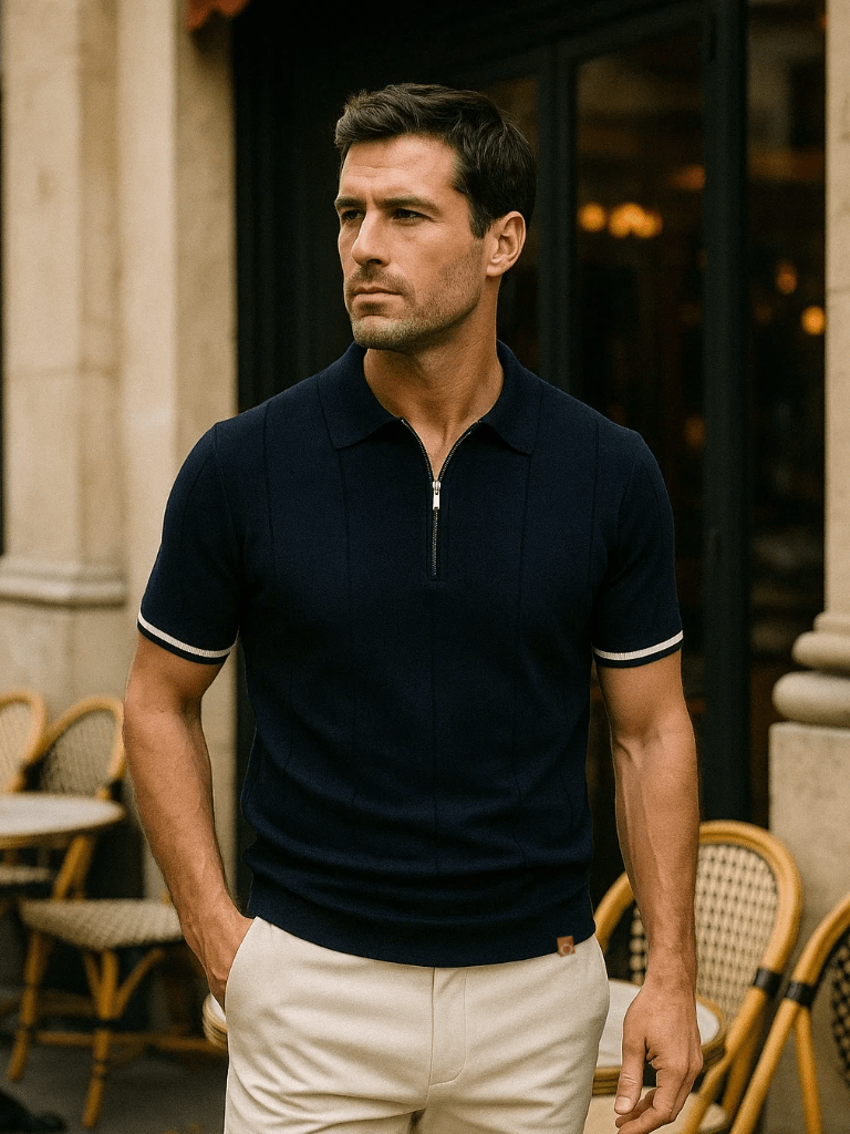Olaf | Camelbraunes Strick-Poloshirt mit Reißverschlusskragen