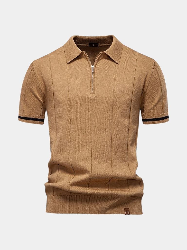 Olaf | Camelbraunes Strick-Poloshirt mit Reißverschlusskragen
