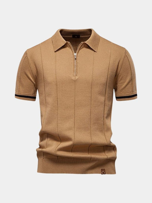 Olaf | Camelbraunes Strick-Poloshirt mit Reißverschlusskragen