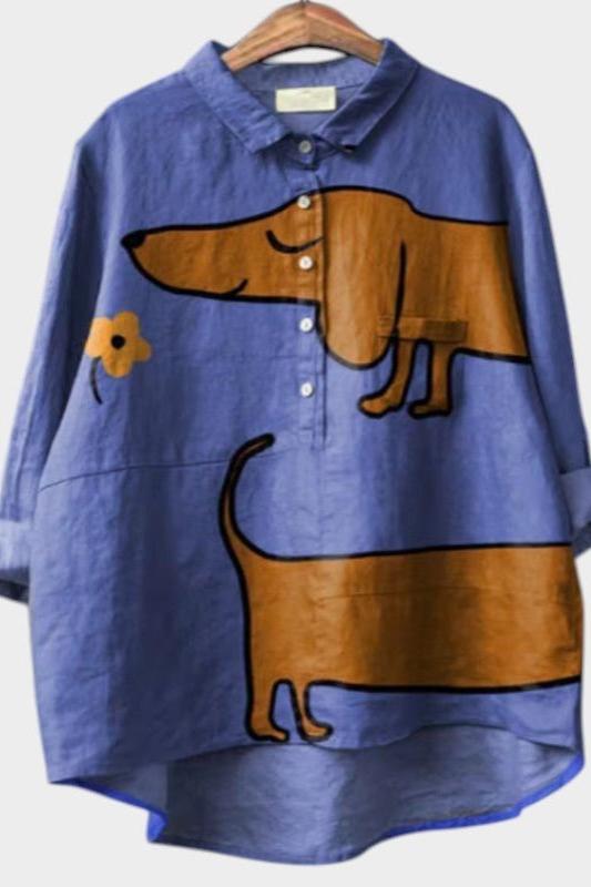 Minna | Blaue Bluse mit Dackelmotiv