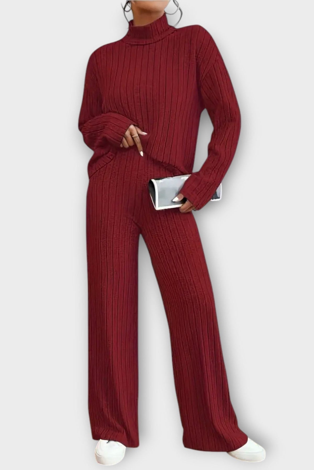 Nadine | Gerippter Strickpullover & weite Hose Set