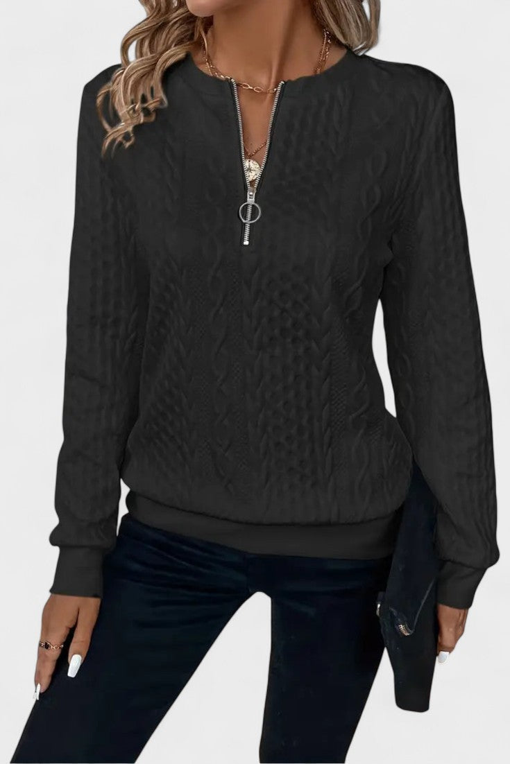 Nellie | Rosa Zopfmusterpullover mit kurzem Reißverschluss