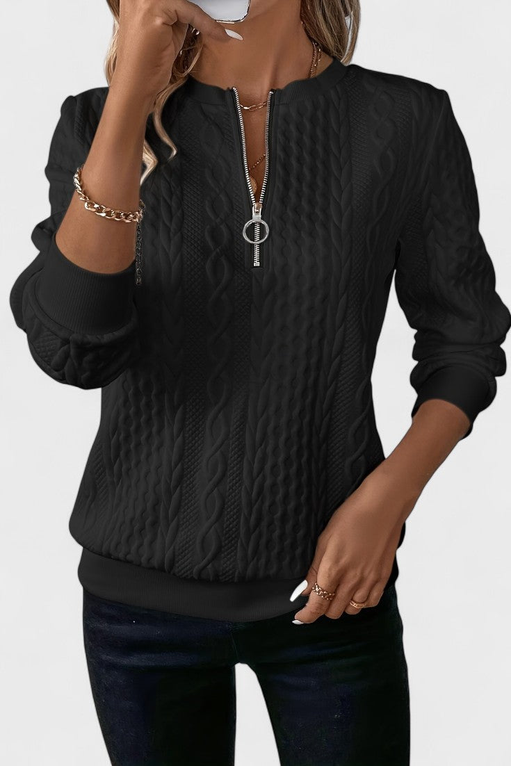Nellie | Rosa Zopfmusterpullover mit kurzem Reißverschluss