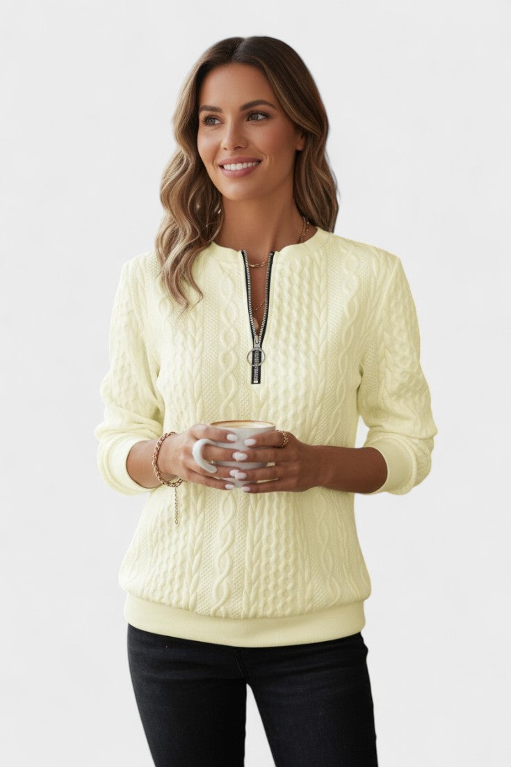 Nellie | Rosa Zopfmusterpullover mit kurzem Reißverschluss