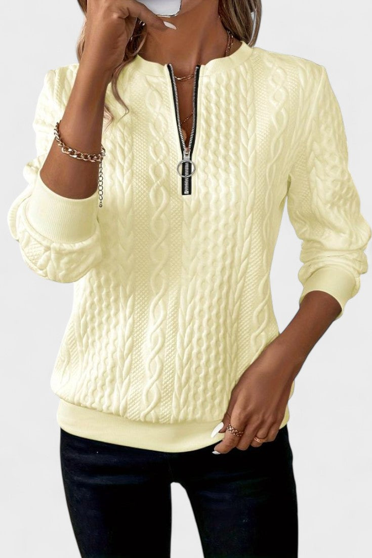 Nellie | Rosa Zopfmusterpullover mit kurzem Reißverschluss