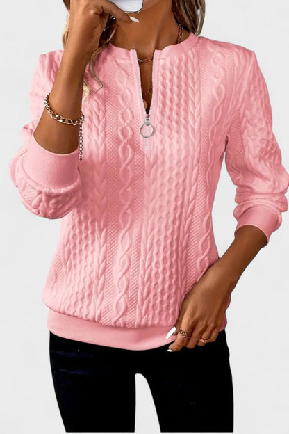 Nellie | Rosa Zopfmusterpullover mit kurzem Reißverschluss