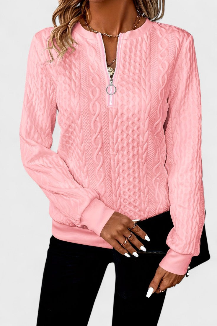 Nellie | Rosa Zopfmusterpullover mit kurzem Reißverschluss