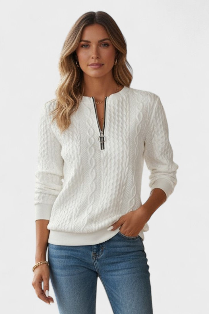 Nellie | Rosa Zopfmusterpullover mit kurzem Reißverschluss