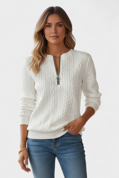 Nellie | Rosa Zopfmusterpullover mit kurzem Reißverschluss