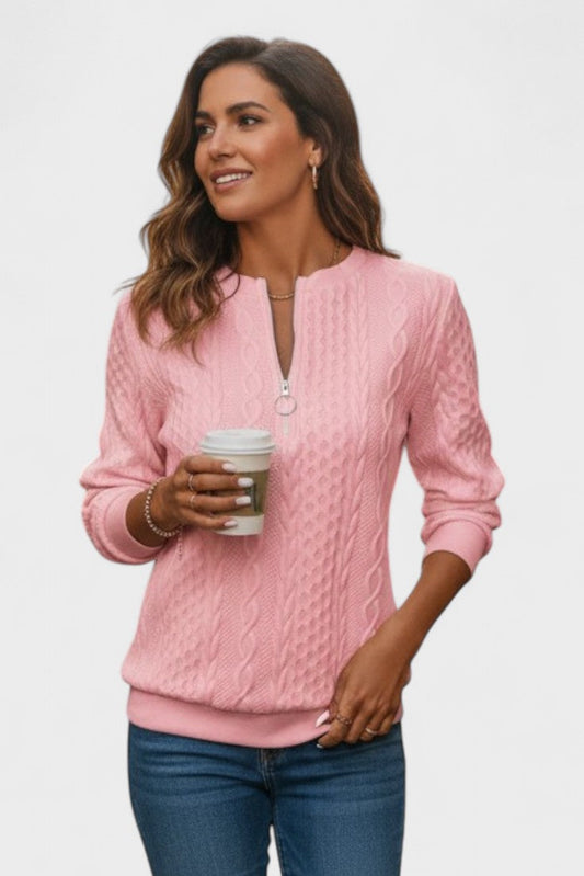 Nellie | Rosa Zopfmusterpullover mit kurzem Reißverschluss