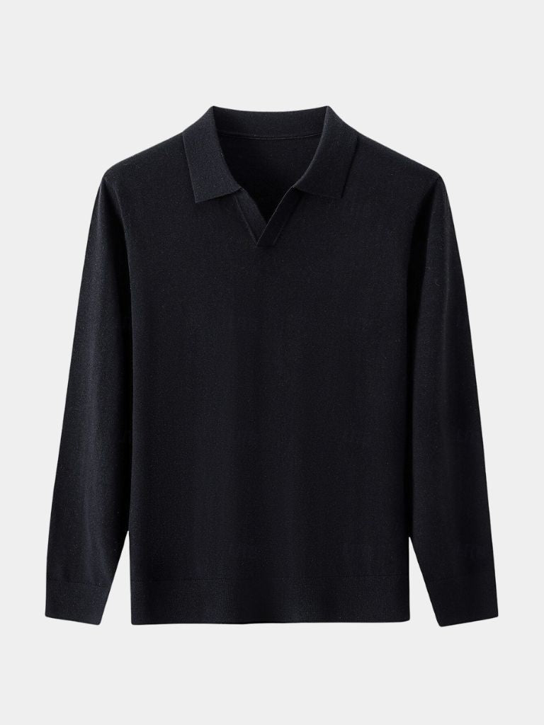 Reinhard | Braunes Langarm-Poloshirt mit offenem Kragen