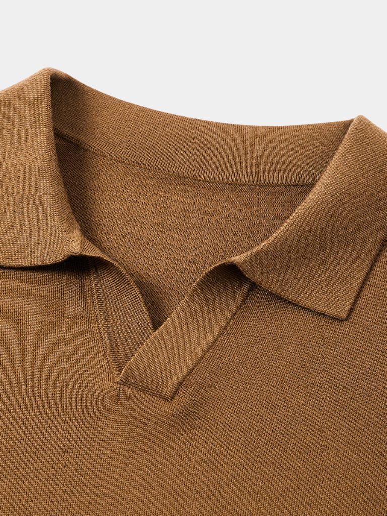 Reinhard | Braunes Langarm-Poloshirt mit offenem Kragen
