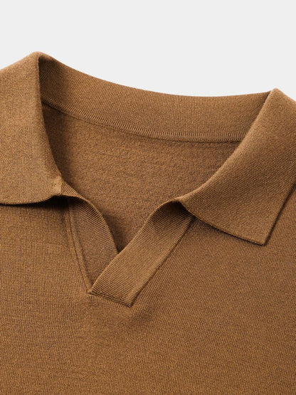 Reinhard | Braunes Langarm-Poloshirt mit offenem Kragen