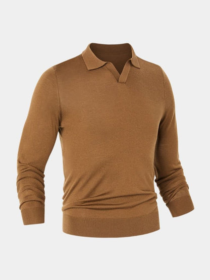 Reinhard | Braunes Langarm-Poloshirt mit offenem Kragen