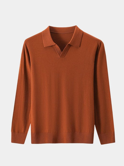 Reinhard | Braunes Langarm-Poloshirt mit offenem Kragen