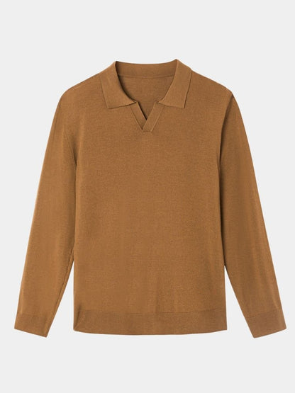 Reinhard | Braunes Langarm-Poloshirt mit offenem Kragen