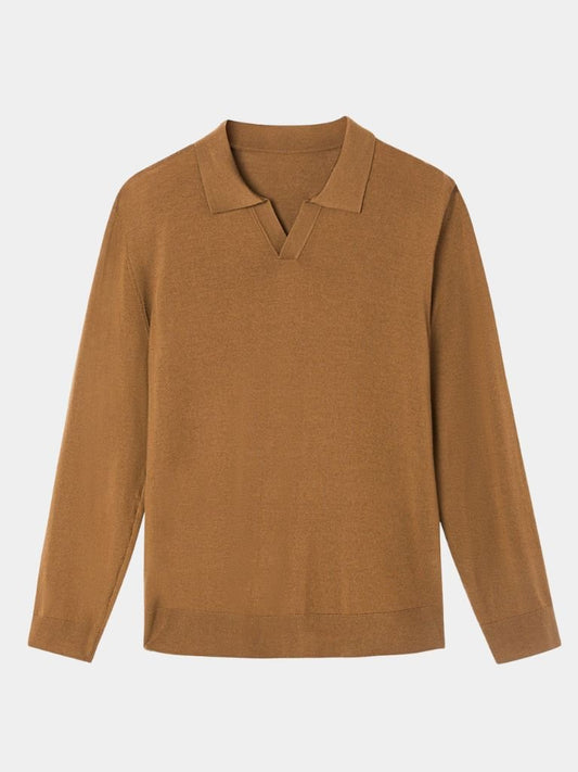 Reinhard | Braunes Langarm-Poloshirt mit offenem Kragen