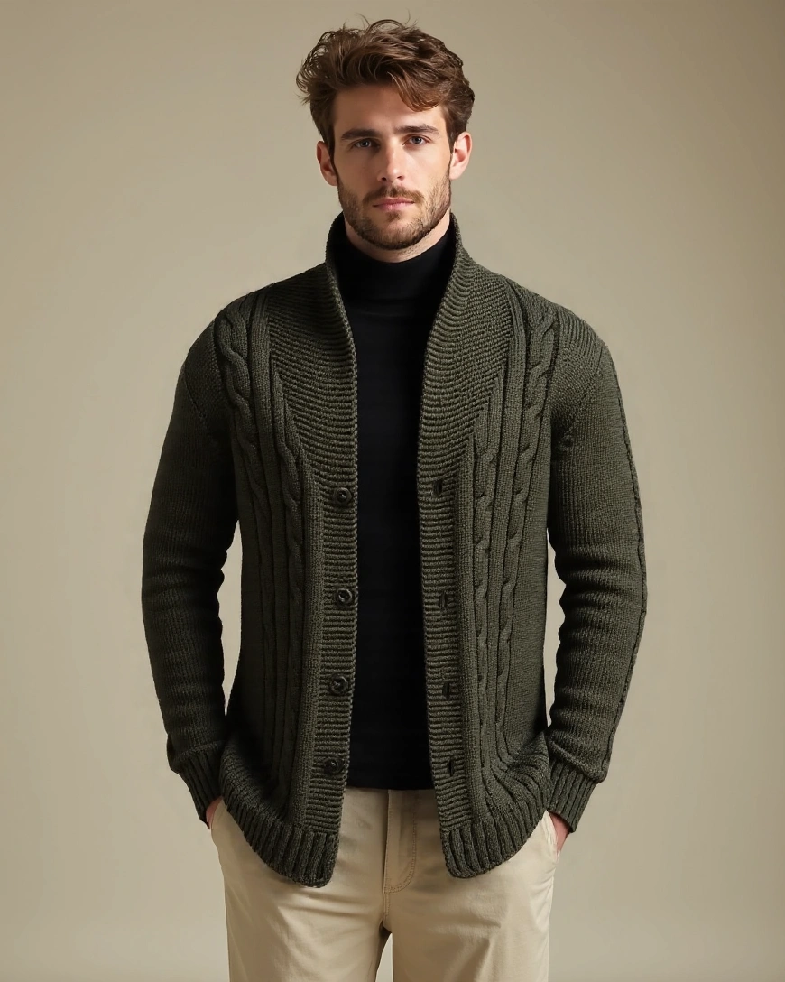 Noah | Olivgrüne Zopfmuster-Strickjacke
