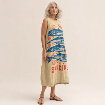 Ingrid | Ärmelloses Sommerkleid mit Sardinenmotiv