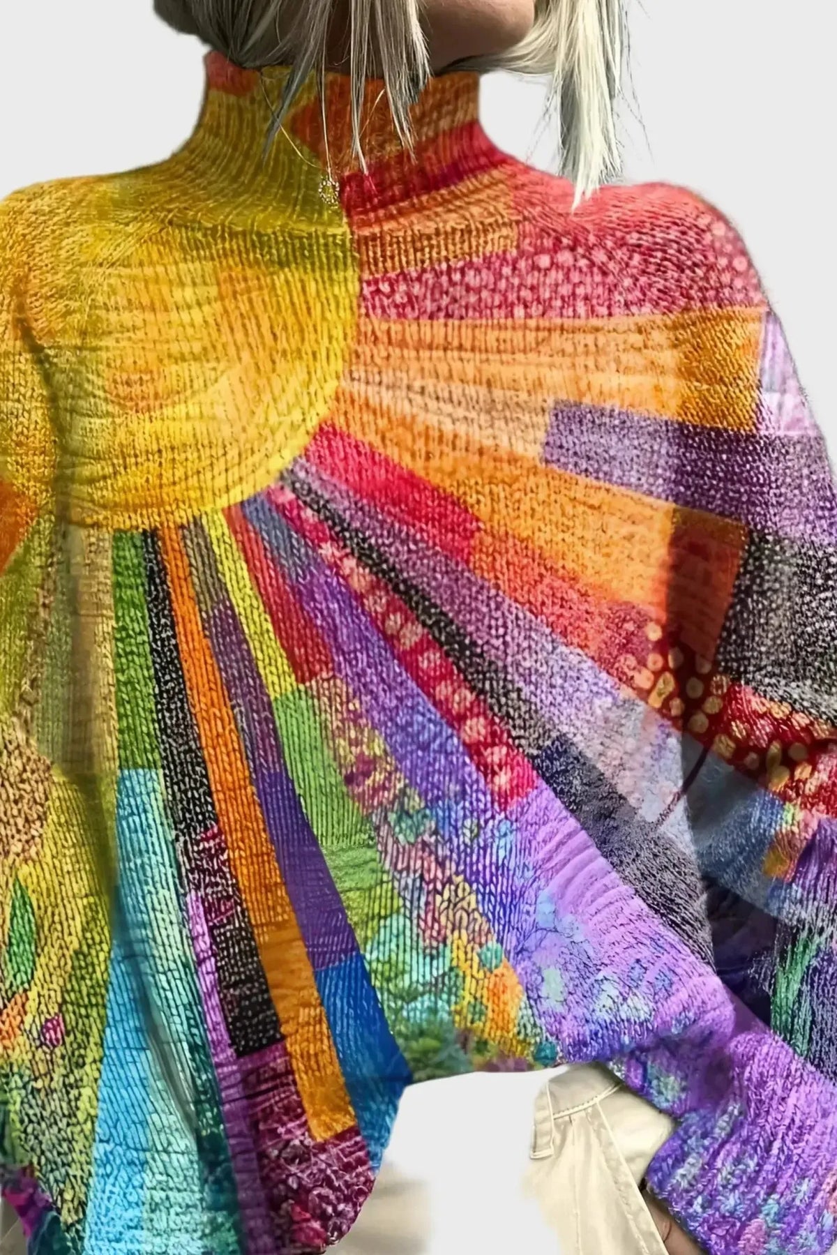 Nora | Bunter Strickpullover mit Sonnenaufgang-Motiv