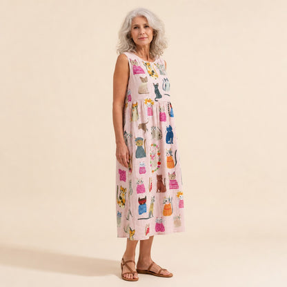 Marita | Ärmelloses Sommerkleid mit Katzenmotiv