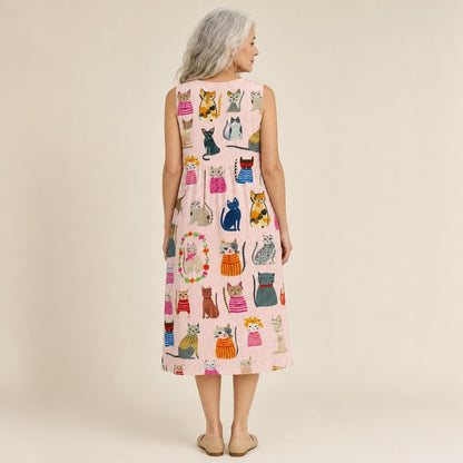 Marita | Ärmelloses Sommerkleid mit Katzenmotiv