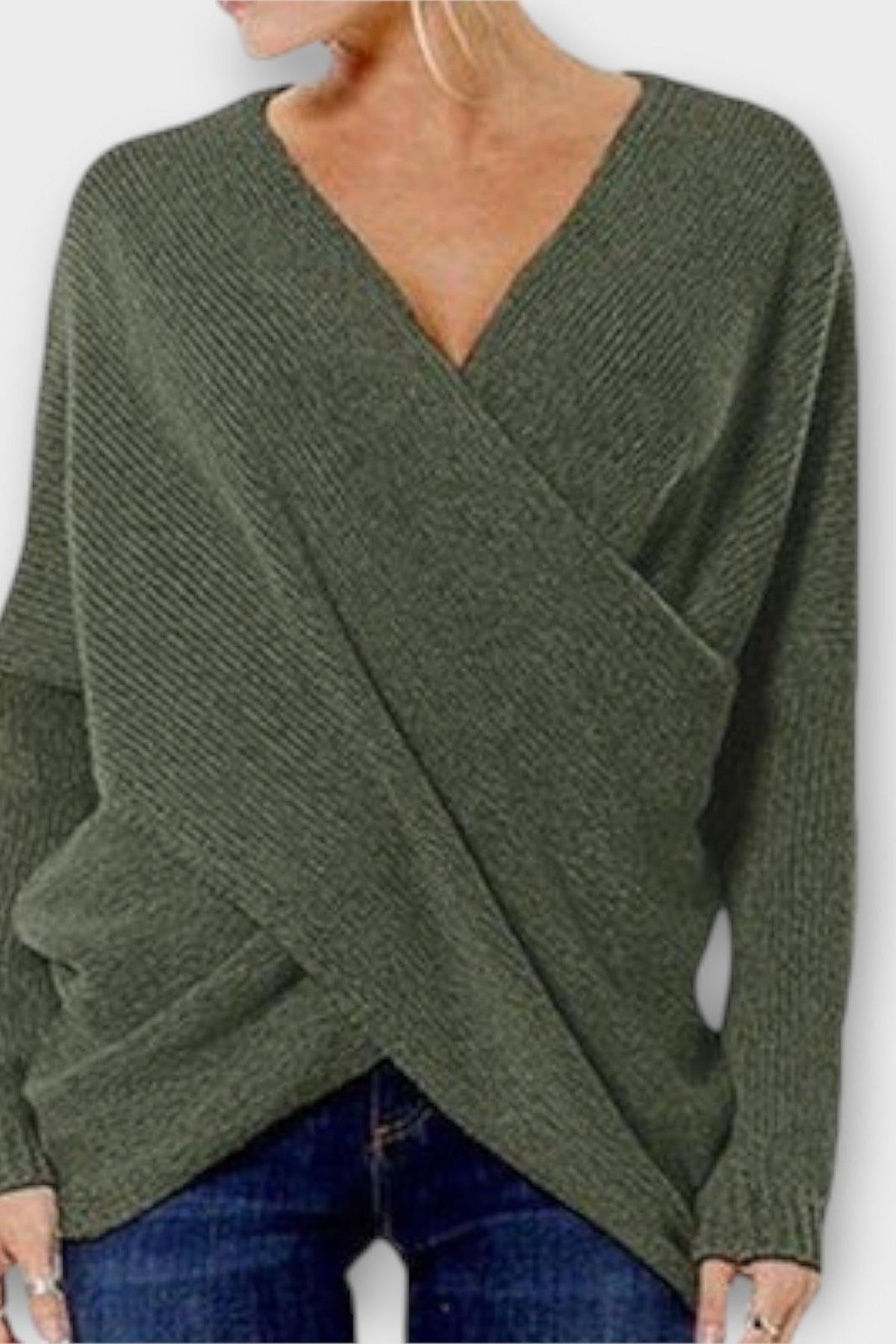 Olivia | Olivgrüner Wickelpullover mit V-Ausschnitt
