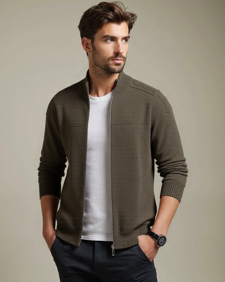 Rolf | Olivgrüne Strickjacke mit Reißverschluss