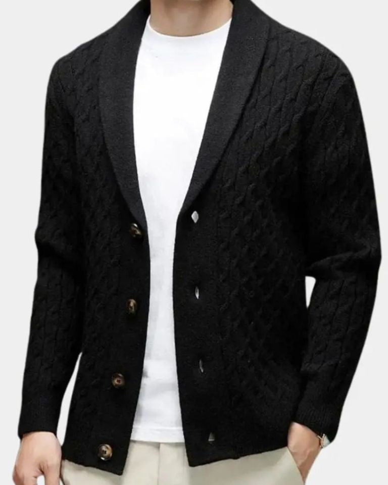 Rüdiger | Braune Zopfmuster-Strickjacke mit Schalkragen