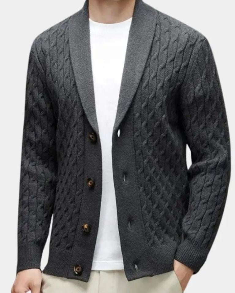 Rüdiger | Braune Zopfmuster-Strickjacke mit Schalkragen