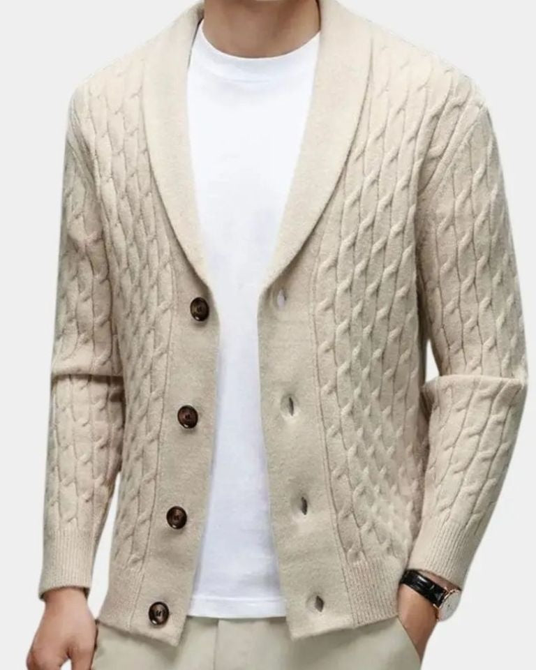 Rüdiger | Braune Zopfmuster-Strickjacke mit Schalkragen