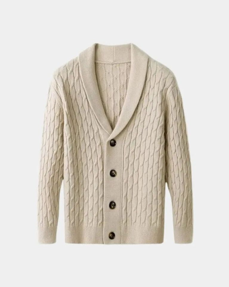 Rüdiger | Braune Zopfmuster-Strickjacke mit Schalkragen