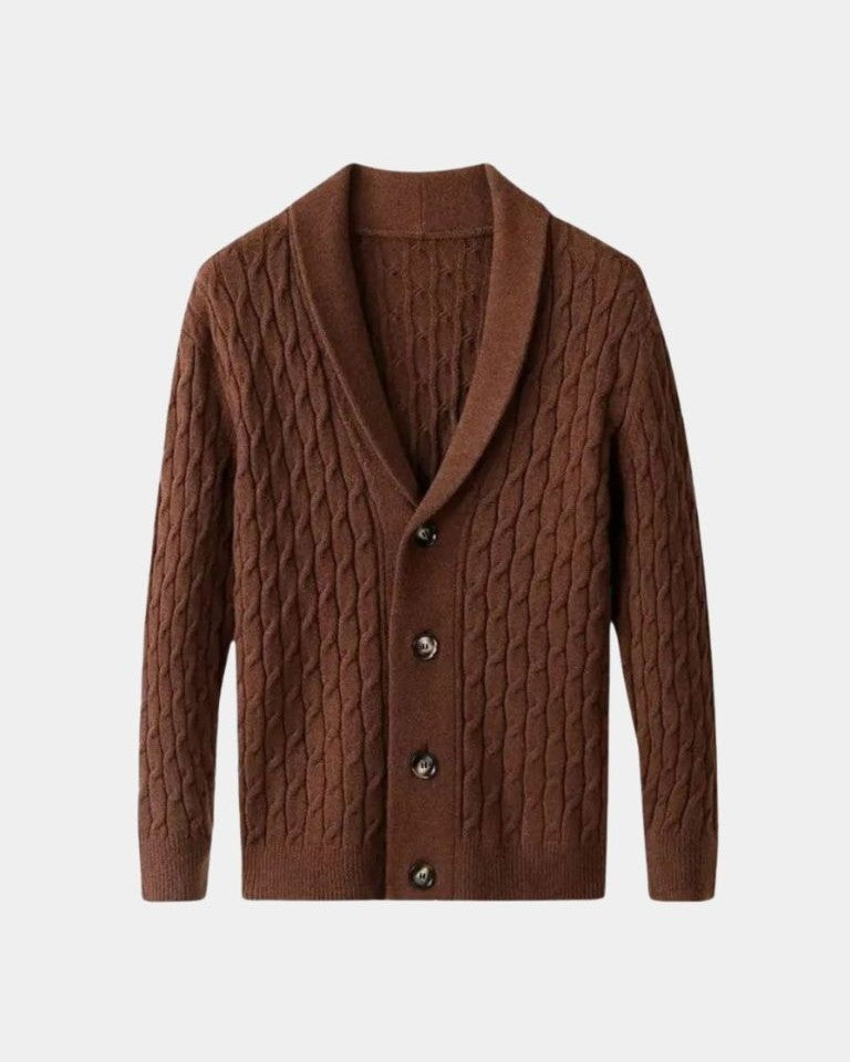 Rüdiger | Braune Zopfmuster-Strickjacke mit Schalkragen