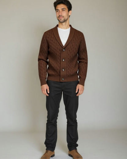 Rüdiger | Braune Zopfmuster-Strickjacke mit Schalkragen