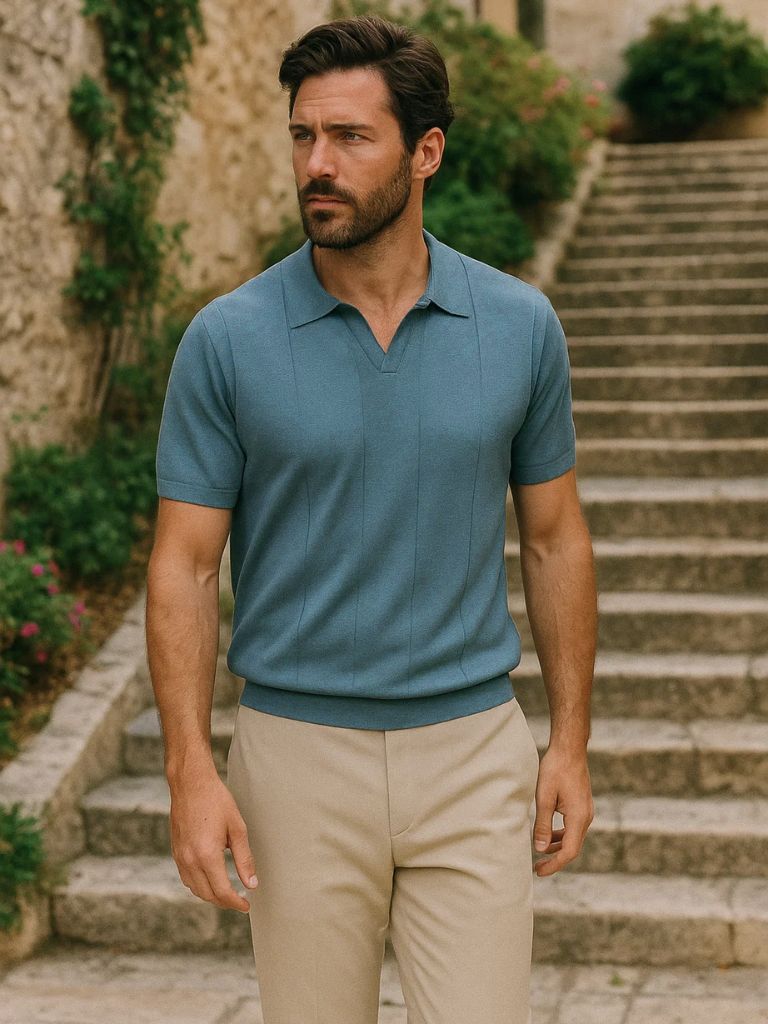 Stefan | Blaues Struktur-Poloshirt mit offenem Kragen