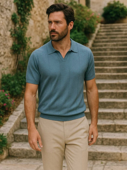Stefan | Blaues Struktur-Poloshirt mit offenem Kragen