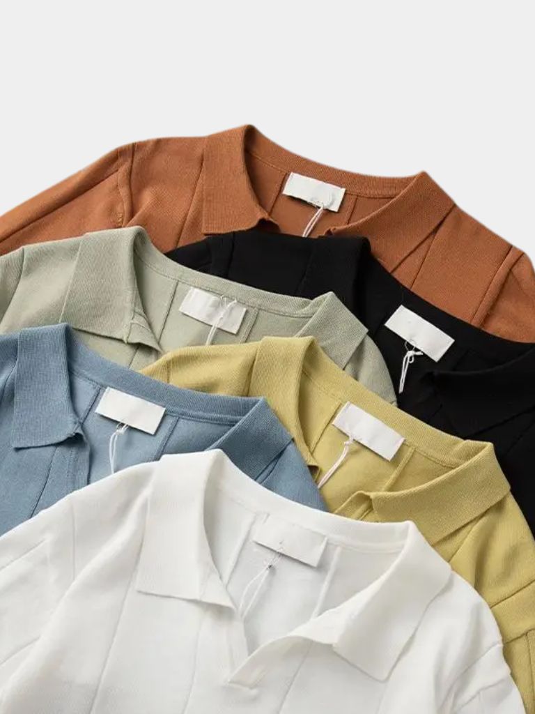 Stefan | Blaues Struktur-Poloshirt mit offenem Kragen