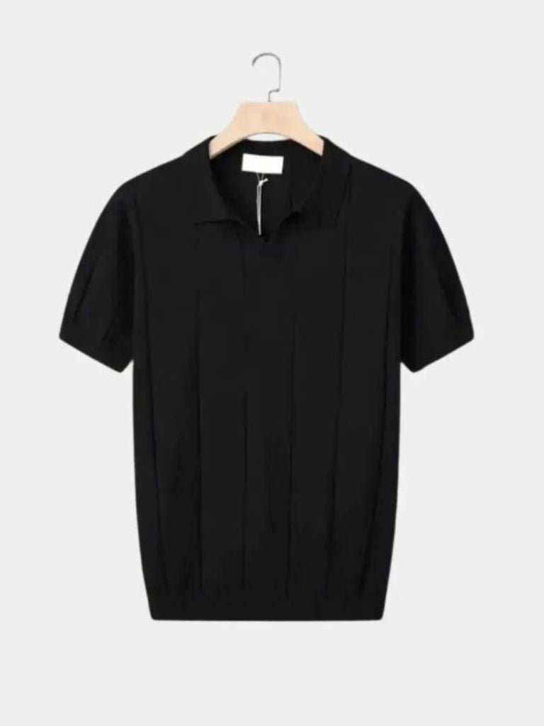 Stefan | Blaues Struktur-Poloshirt mit offenem Kragen