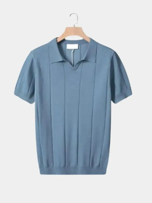 Stefan | Blaues Struktur-Poloshirt mit offenem Kragen