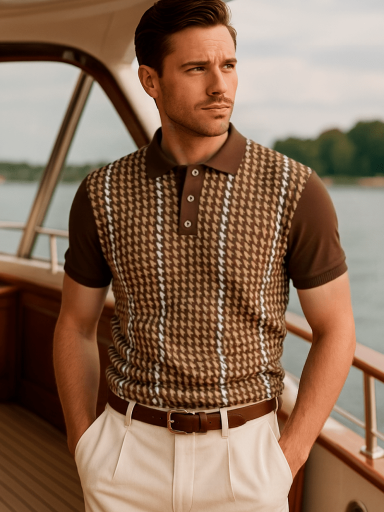 Sven | Braunes gemustertes Strick-Poloshirt