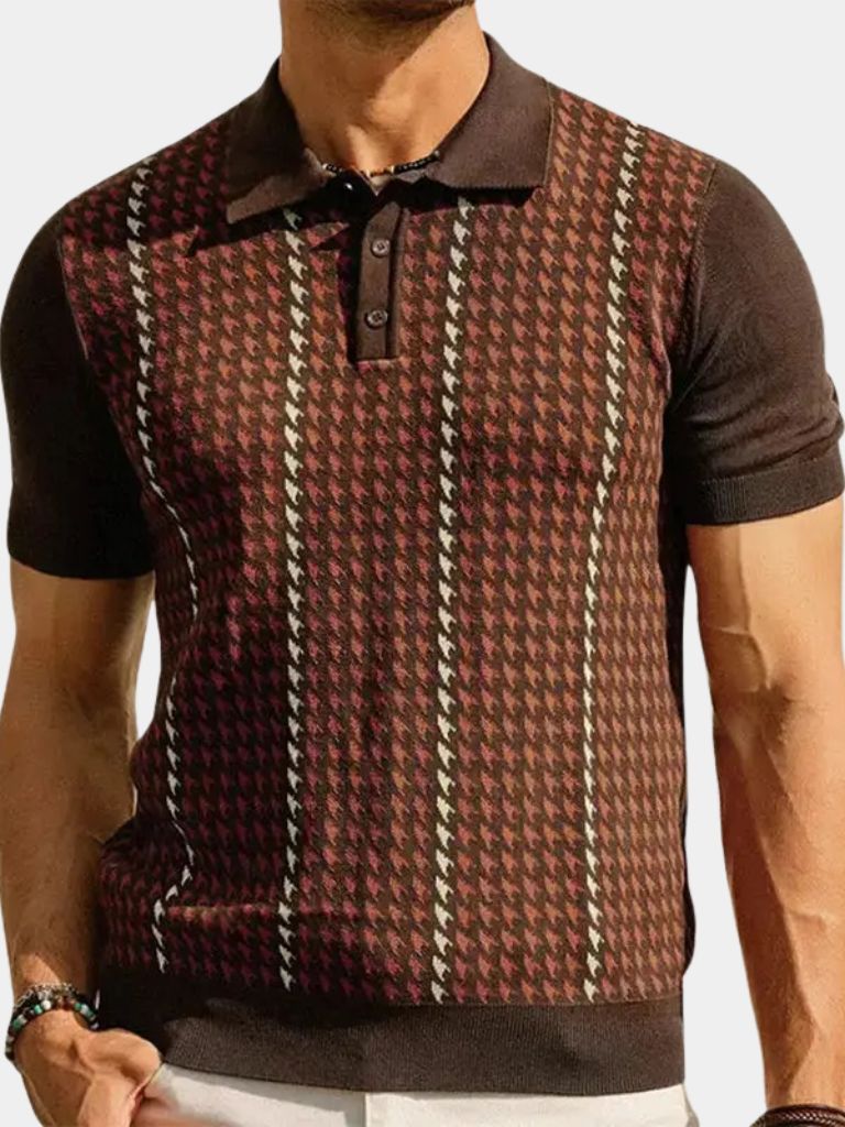Sven | Braunes gemustertes Strick-Poloshirt