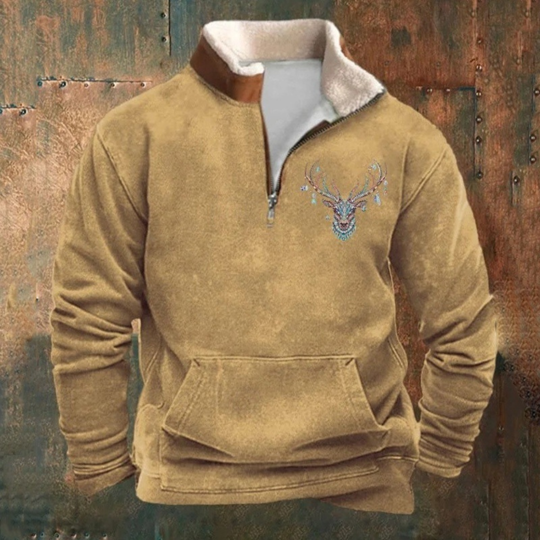 Stefan | Olivgrünes Sweatshirt mit Hirschmotiv