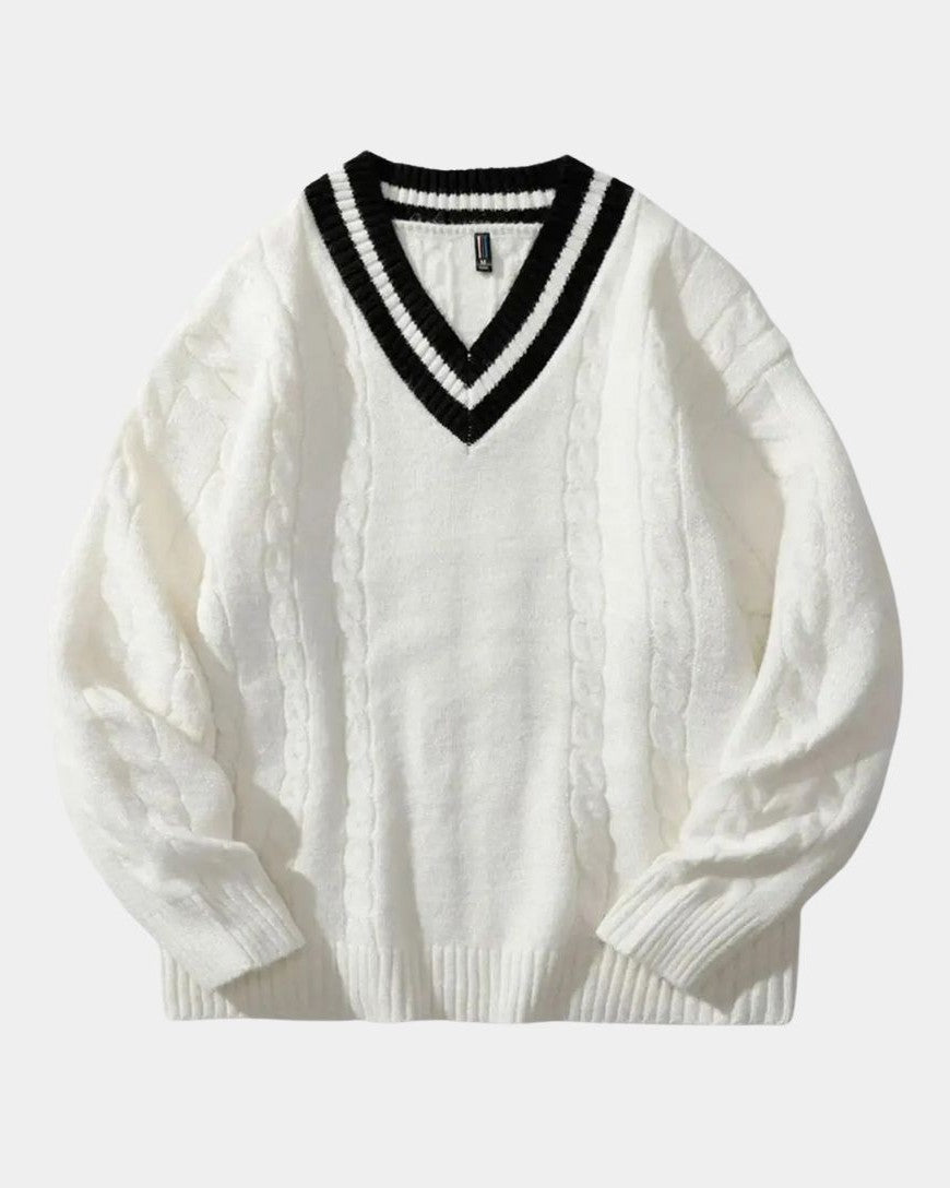 Sigmund | Cremefarbener Zopfmusterpullover mit V-Ausschnitt
