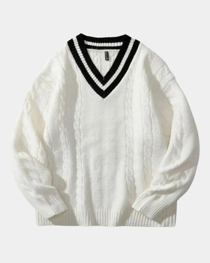 Sigmund | Cremefarbener Zopfmusterpullover mit V-Ausschnitt